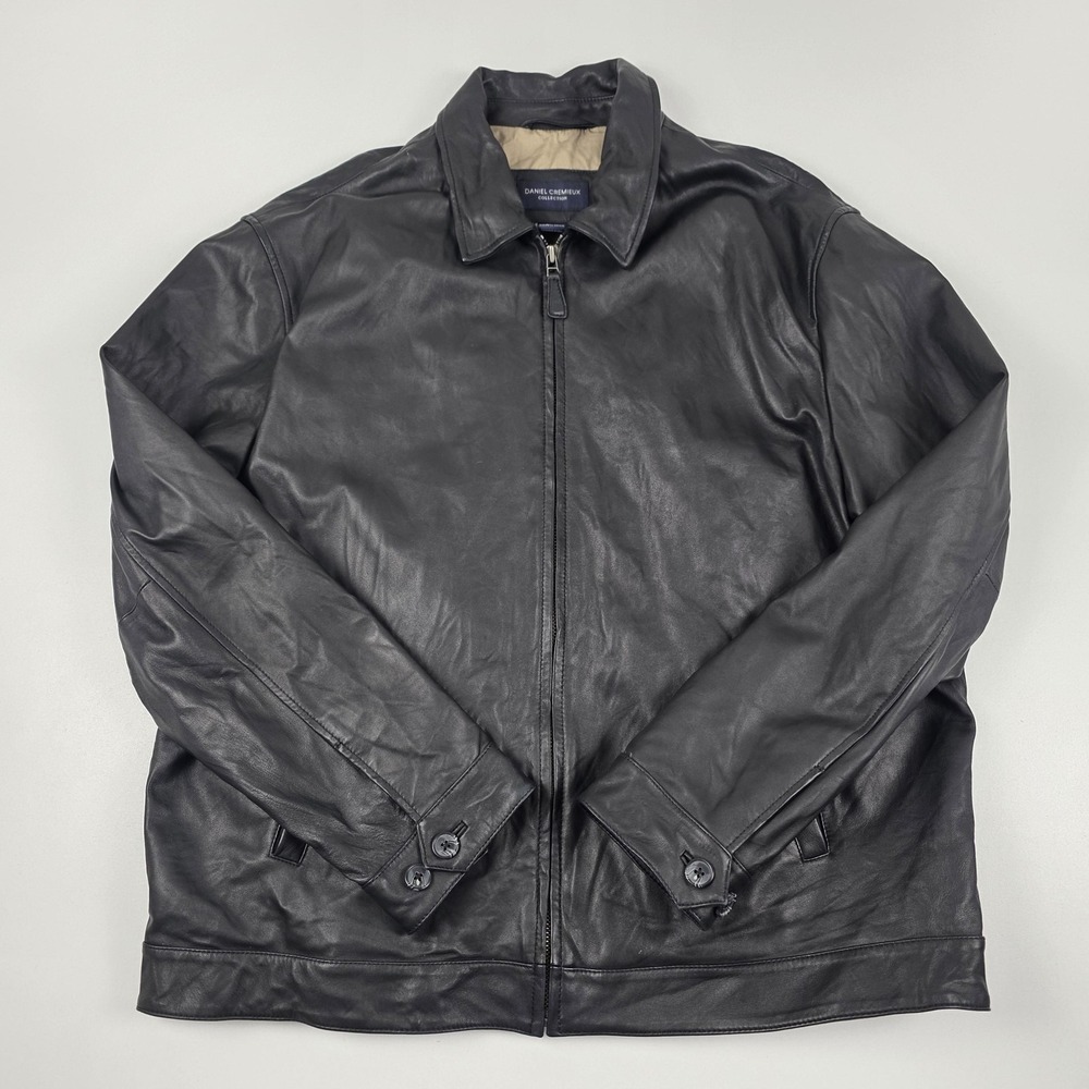 Daniel Cremieux Jacket Mens 2XL Black Lambskin Leather Bomber Full Zip Lined